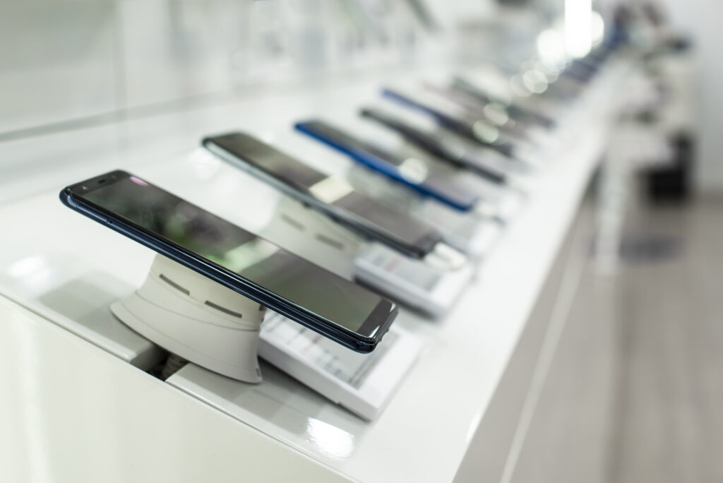 Smartphones on shelf in the store